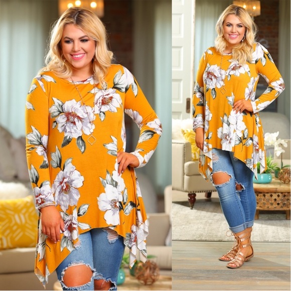 SKYE by Infinity Raine Tops - ✨LAST✨PLUS Mustard Floral Asymmetrical Tunic